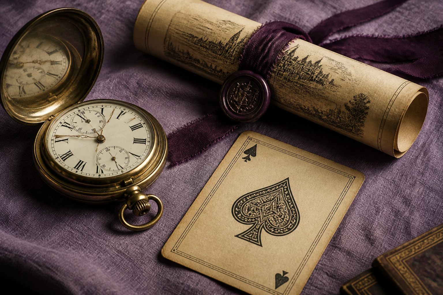 Pocket watch, playing card and parchment suggesting historical gambling context