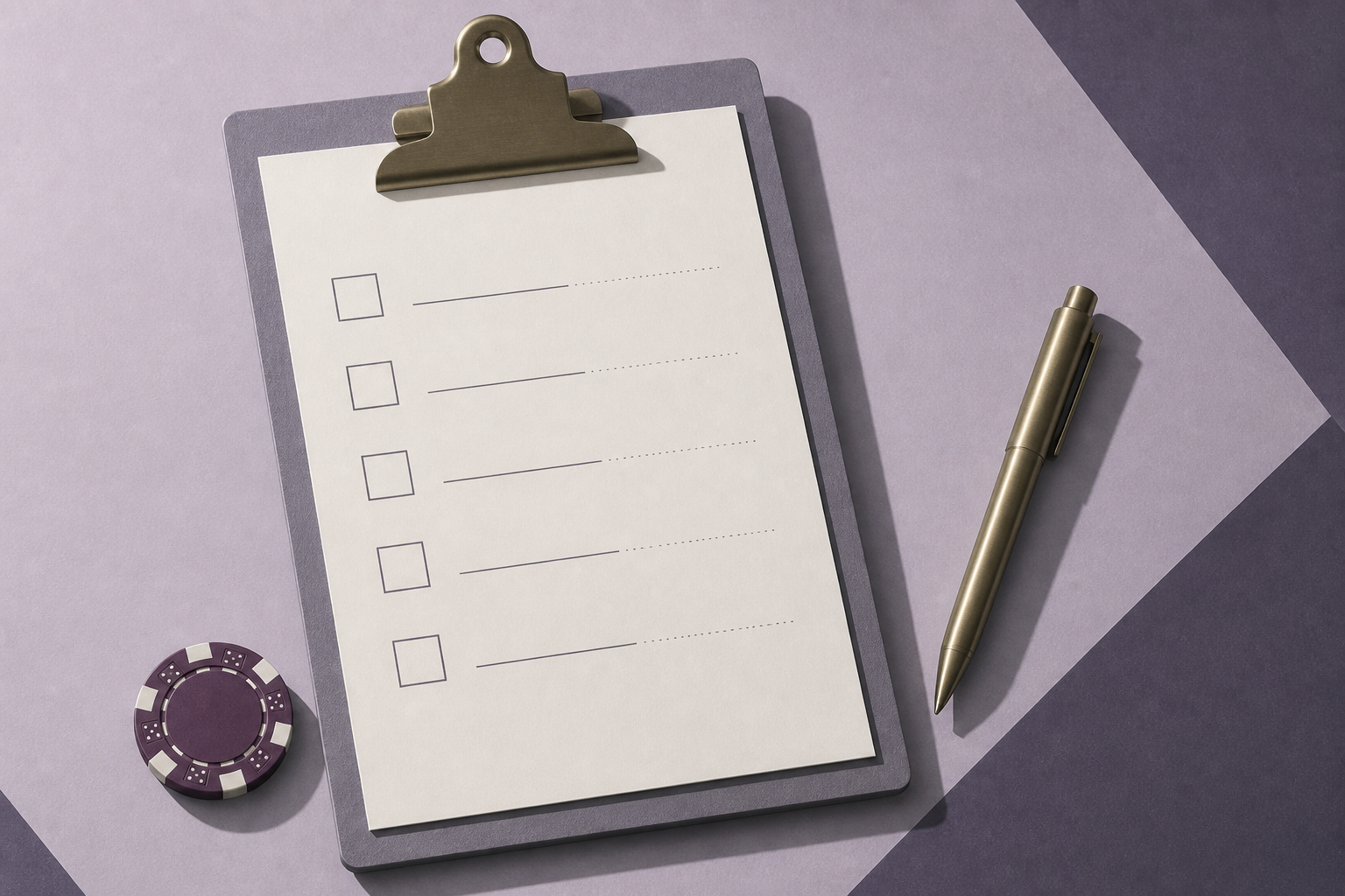 Review checklist with brass pen and plum chip