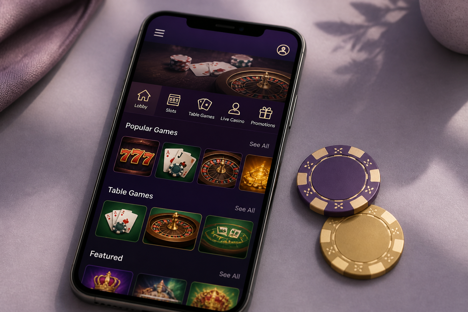 Smartphone and poker chips illustrating mobile casino use